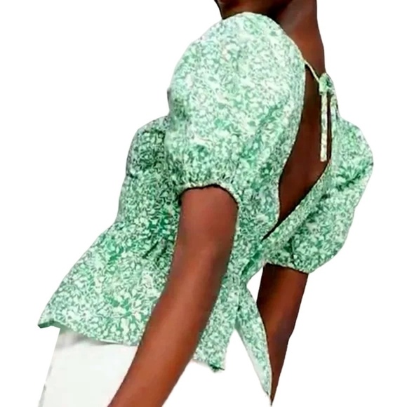 TOPSHOP Blouse Bitsy Green Floral Peplum Shirt Top Cutout Tie Back Plunge Neck - Picture 10 of 14